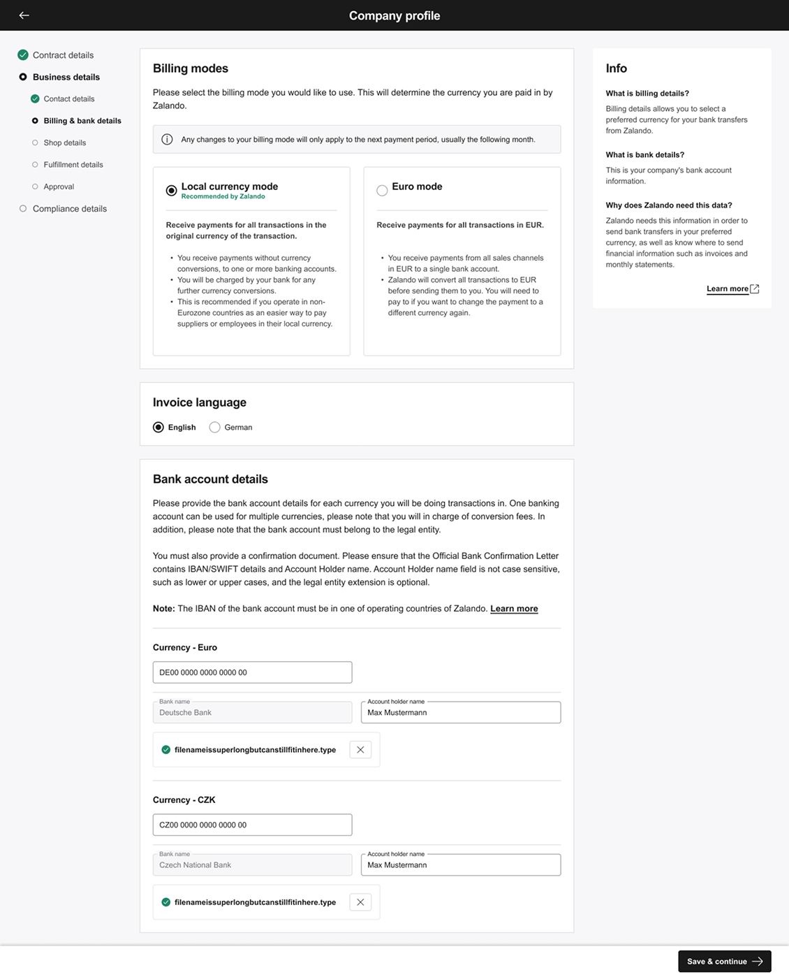 IBAN auto-populate — bank name and account holder auto-filled
