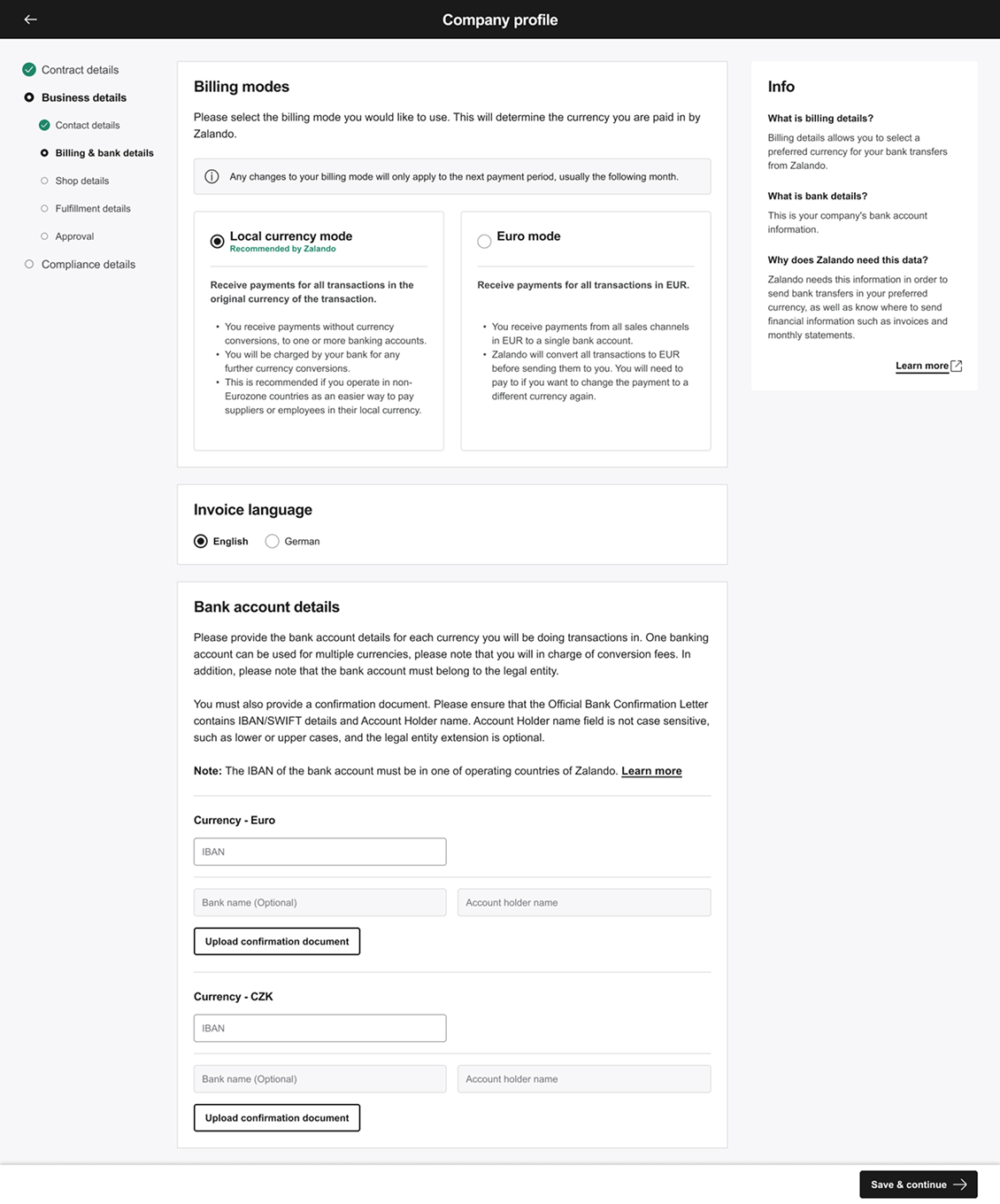 zDirect — Billing modes screen
