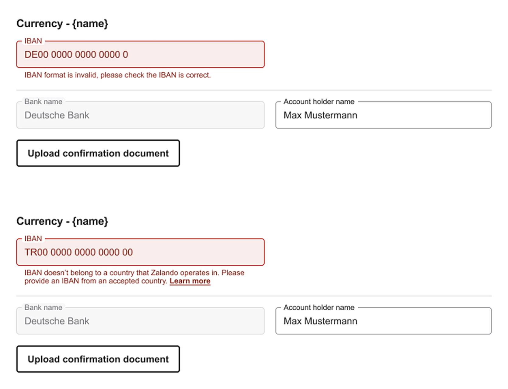 Error state: invalid IBAN and IBAN outside operating markets
