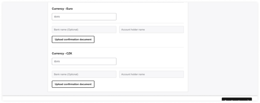Iteration 2 — simplified form with IBAN only, bank name optional, no country selection