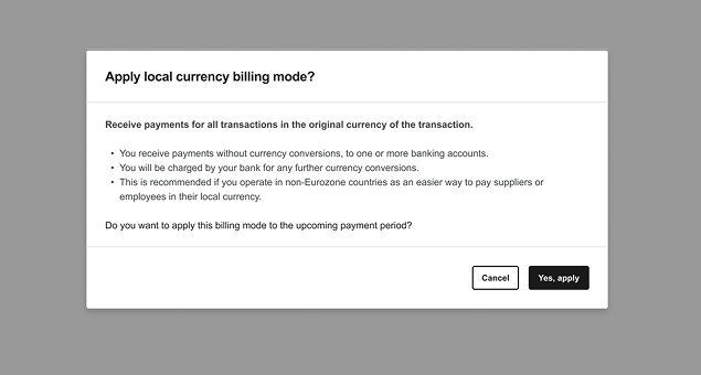 Confirmation — apply local currency billing mode